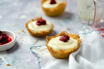 Raspberry with pudding on a bed of kadayif