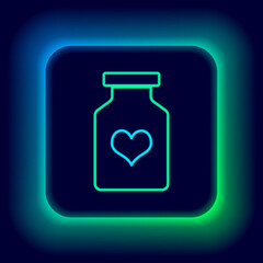 Glowing neon line Medicine bottle with pills for potency, aphrodisiac icon isolated on black background. Sex pills for men and women. Colorful outline concept. Vector