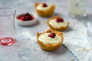 Raspberry with pudding on a bed of kadayif