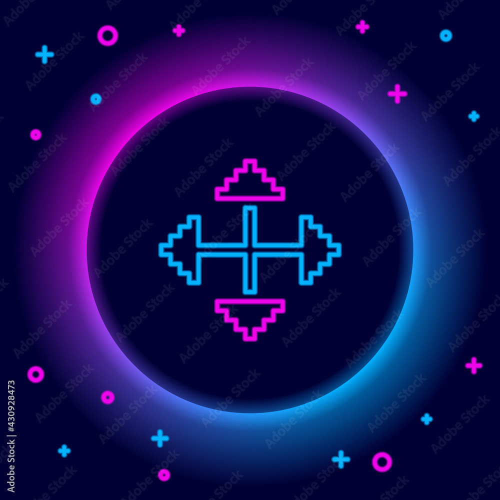 Poster glowing neon line pixel arrows in four directions icon isolated on black background. cursor move sig