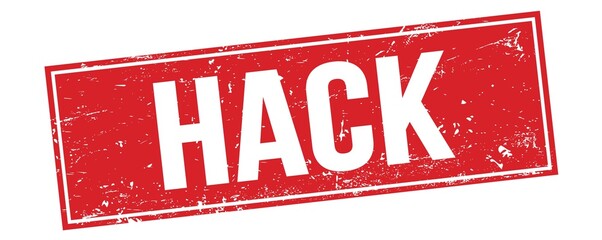 HACK text on red grungy rectangle stamp. © outchill