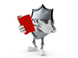 Police badge character reading a book