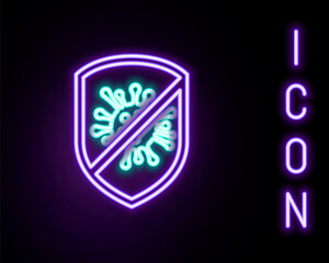Glowing neon line Stop virus, bacteria, germs and microbe icon isolated on black background. Antibacterial and antiviral defence, protection infection. Colorful outline concept. Vector