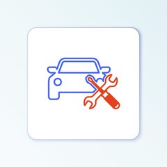 Line Car with screwdriver and wrench icon isolated on white background. Adjusting, service, setting, maintenance, repair, fixing. Colorful outline concept. Vector