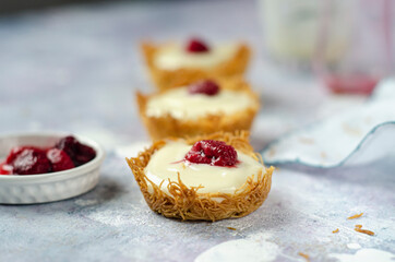 Raspberry with pudding on a bed of kadayif