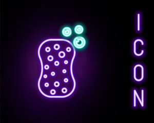 Glowing neon line Sponge with bubbles icon isolated on black background. Wisp of bast for washing dishes. Cleaning service logo. Colorful outline concept. Vector