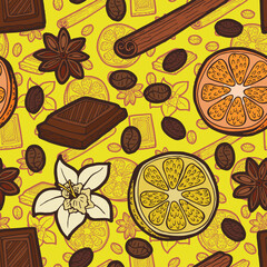 Seamless white background with a pattern of hand drawn additives for coffee. Spices and seasonings. Vanilla flower, pieces of chocolate, coffee beans, cinnamon stick, sliced piece of lemon, star anise