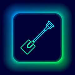 Glowing neon line Garden shovel icon isolated on black background. Gardening tool. Tool for horticulture, agriculture, farming. Colorful outline concept. Vector