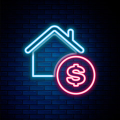 Glowing neon line House with dollar symbol icon isolated on brick wall background. Home and money. Real estate concept. Colorful outline concept. Vector