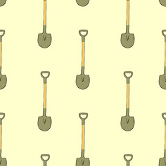 Seamless pattern with garden shovels, spades, scoops. Vector backgrounds and textures with tools for working on the farm, in dacha, country site in flat doodle style. Hand drawn isolated illustration