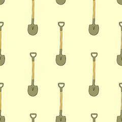 Seamless pattern with garden shovels, spades, scoops. Vector backgrounds and textures with tools for working on the farm, in dacha, country site in flat doodle style. Hand drawn isolated illustration
