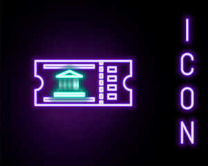 Glowing neon line Museum ticket icon isolated on black background. History museum ticket coupon event admit exhibition excursion. Colorful outline concept. Vector