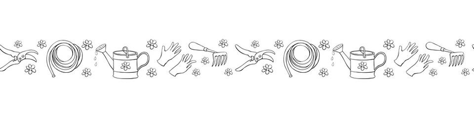 Edging, ribbon, border with outline flowers and garden equipments. Vector seamless pattern, ornament, decorative element, decoration with tools gardening in doodle style