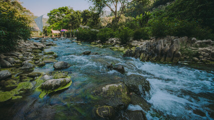 The river runs through the middle of the valley in the forest.
