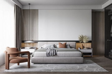 Interior Bedroom Wall Mockup - 3d Rendering, 3d Illustration
