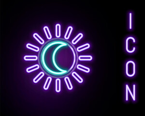 Glowing neon line Eclipse of the sun icon isolated on black background. Total sonar eclipse. Colorful outline concept. Vector