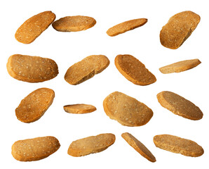Fototapeta na wymiar Collection of flying cashew nut cookies isolated on white background with clipping path