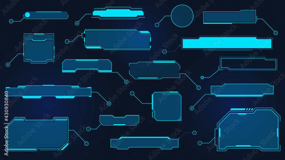 Poster Futuristic callout titles. Virtual sci fi textbox for HUD. Tech hologram data frames. Cyber UI callouts. Digital layout element vector set