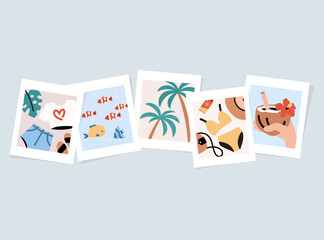 Photos of summer memories from vacation. Seamless design with simple trendy illustrations. Vector cartoon drawing