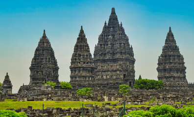 Fototapeta premium The historic of Prambanan temple Indonesia. Scattered masonry at Prambanan Temple Central Java