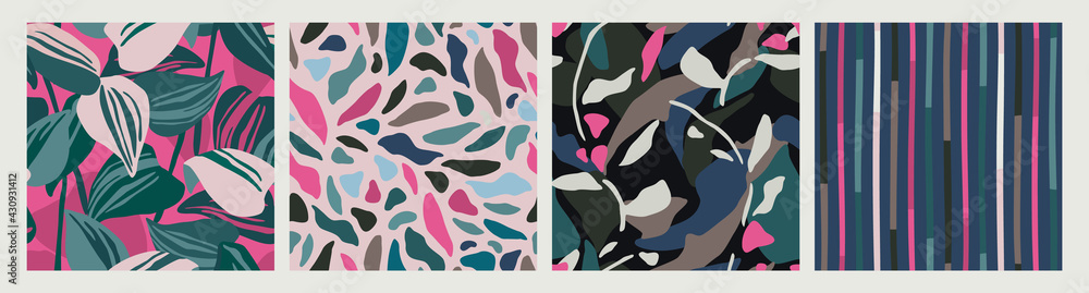 Wall mural abstract collection of seamless patterns with leaves and geometric shapes. modern design