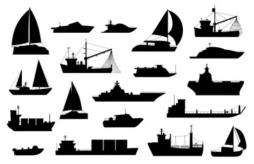 Boats silhouette. Sailboat, barge, fishing and cruise ship, sea yacht, passenger and cargo vessel icons. Nautical transport logo vector set