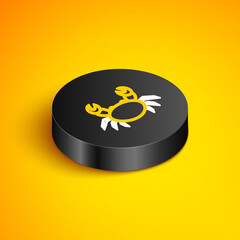 Isometric line Crab icon isolated on yellow background. Black circle button. Vector