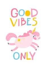 Fototapete Rund Unicorn slogan. Good Vibes only. Letterring motivational phrase. Vector cartoon cute characters, simple childish hand-drawn scandinavian style. The colorful baby limited palette is ideal for printing. © Світлана Харчук
