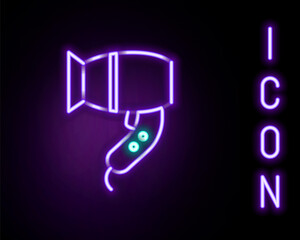 Glowing neon line Hair dryer icon isolated on black background. Hairdryer sign. Hair drying symbol. Blowing hot air. Colorful outline concept. Vector