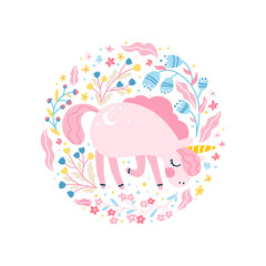Unicorn in a flower fairy forest. Circle card frame. Vector cartoon cute characters, simple childish hand-drawn scandinavian style. The colorful baby limited palette is ideal for printing.