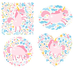Unicorn in flowers. Collection of Card Frames. Vector cartoon cute characters, simple childish hand-drawn scandinavian style. The colorful baby limited palette is ideal for printing.