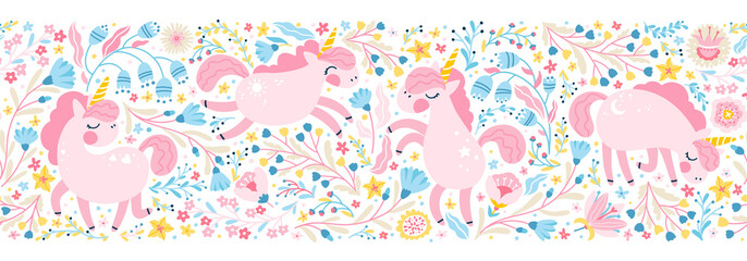 Unicorn in flower fairy forest seamless border pattern. Vector cartoon cute characters in simple childish hand-drawn scandinavian style. The colorful palette ideal for printing baby textiles, clothing © Світлана Харчук
