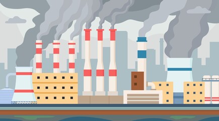 Dirty factory. Air and water polluted by industrial smog. Factories chimney with toxic smoke pollute environment. Pollution vector concept