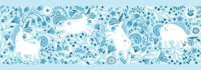 Papier Peint photo Chambre de bébé Licorne dans un motif de bordure transparente de forêt de fées de fleurs. Personnages mignons de dessin animé de vecteur dans un style scandinave simple dessiné à la main. La palette bleue limitée est idéale pour l& 39 impression de textiles pour bébés,