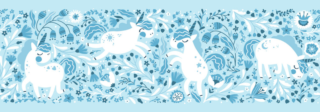 Unicorn in a flower fairy forest seamless border pattern. Vector cartoon cute characters in simple childish hand drawn scandinavian style. The limited blue palette is ideal for printing baby textiles,