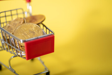 Bitcoins in the Cart. Concept: Purchase of Cryptocurrency.