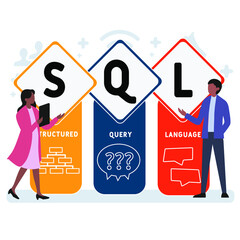 Flat design with people. SQL - Structured Query Language acronym. business concept background. Vector illustration for website banner, marketing materials, business presentation, online advertising