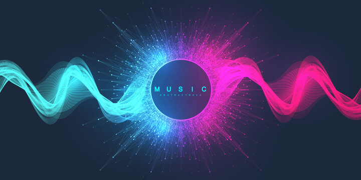 Music Abstract Background. Music Wave Poster Design. Sound Flyer With Abstract Gradient Line Waves, Vector Concept