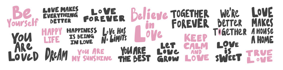 Vector hand drawn collection set of calligraphy lettering quotes and words. Pink and black color