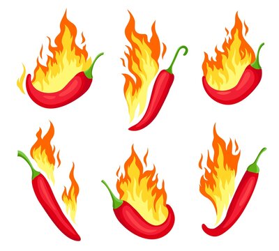 Chili on fire. Cartoon hot red peppers with flames. Spicy food icon, emblem for mexican sauce or restaurant. Chilli pepper label vector set