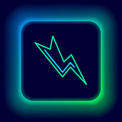 Glowing neon line Lightning bolt icon isolated on black background. Flash sign. Charge flash icon. Thunder bolt. Lighting strike. Colorful outline concept. Vector