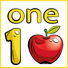 the number one and the apple. color card, the child learns math, counts the number of fruits, the concept of education, educational material
