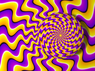 Yellow and purple background with rotating spher. Spin illusion.