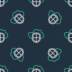 Line Cloud and shield icon isolated seamless pattern on black background. Cloud storage data protection. Security, safety, protection, privacy concept. Vector