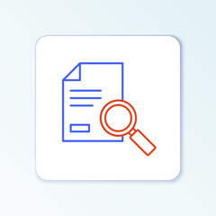 Line Document with search icon isolated on white background. File and magnifying glass icon. Analytics research sign. Colorful outline concept. Vector