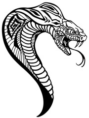 Naklejka premium head of the cobra. A poisonous snake in a defensive position. Attacking posture. Black and white tattoo style vector illustration