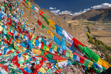 Buddhist prayer flags near the Yungbulakang Palace - Tibet Autonomous Region of China,