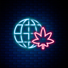 Glowing neon line Legalize marijuana or cannabis globe symbol icon isolated on brick wall background. Hemp symbol. Colorful outline concept. Vector