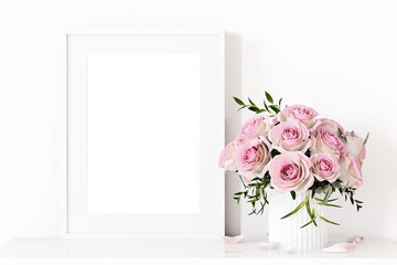 White frame mockup with roses in a vase, d render