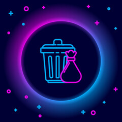 Glowing neon line Trash can and garbage bag icon isolated on black background. Garbage bin sign. Recycle basket icon. Office trash icon. Colorful outline concept. Vector